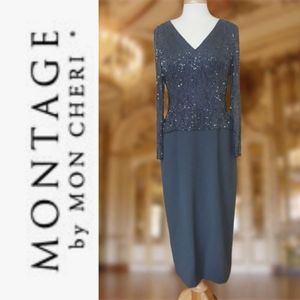 Montage by Mon Cheri Beaded V-neck Gown w/ sleeves